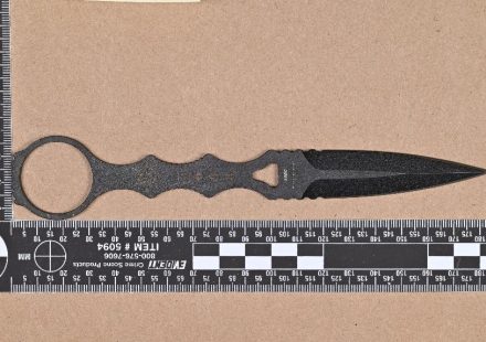 Evidence photo: the fixed-blade dagger with forensic ruler from the Washington OII case report