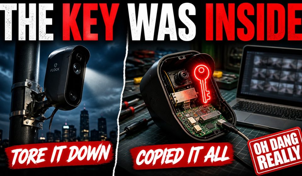 A hacker collective pulled a Flock camera off a pole and found the encryption key on the device — 1.6 million images, people-detection software, and search logs officers filled with LMAO.