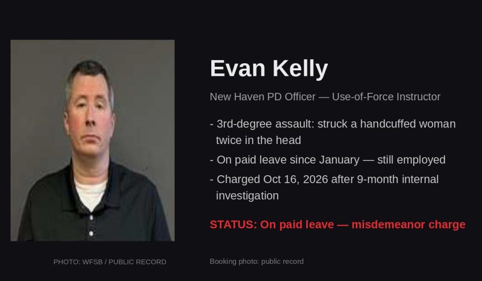 New Haven PD's own use-of-force instructor, charged with striking a handcuffed woman twice in the head — nine months after the incident, still on the payroll.