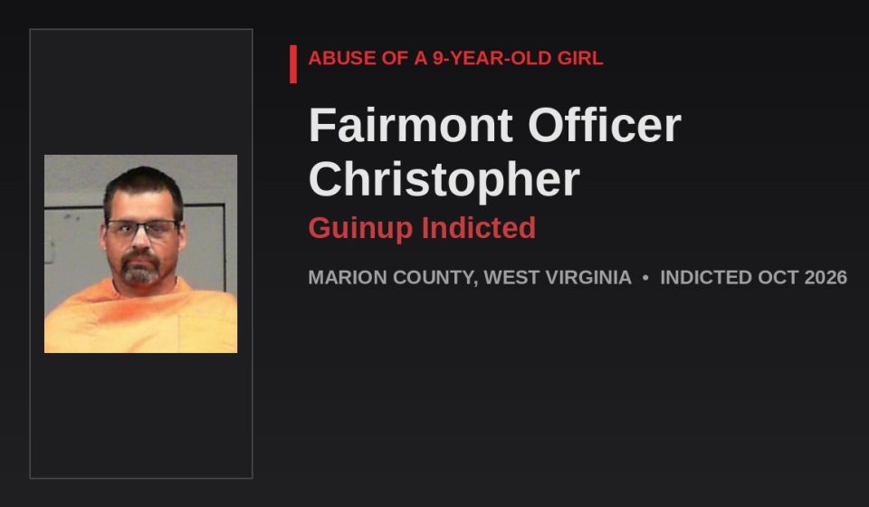 Booking photo of Fairmont WV officer Christopher Guinup, indicted Oct 2026